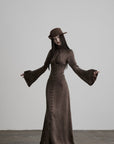 DOINDULGE High Neck Gathered Gothic Flare Sleeve Maxi Dress