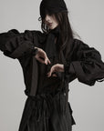 DOINDULGE Sculptural Ribbon Sleeve High Neck Shirt