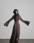 DOINDULGE High Neck Gathered Gothic Flare Sleeve Maxi Dress