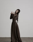 DOINDULGE Pleated Corset Waist Long Sleeve Maxi Dress
