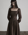 DOINDULGE Pleated Corset Waist Long Sleeve Maxi Dress
