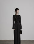 DOINDULGE Pleated Panel Braided Waist Long Sleeve Sculptural Maxi Dress