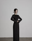 DOINDULGE Pleated Panel Braided Waist Long Sleeve Sculptural Maxi Dress