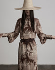 DOINDULGE Distressed Archive Print High Neck Long Sleeve Dress with Lace Waist Structure