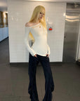 Rase le sol Pantalon évasé drapé, ourlet asymétrique, taille basse, coupe slim, pantalon fluide foncé
