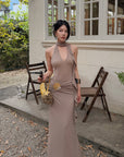 Hydrae Ruched Halter Maxi Dress with Shell Detail