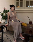 Hydrae Ruched Halter Maxi Dress with Shell Detail