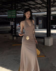 Hydrae Ruched Halter Maxi Dress with Shell Detail