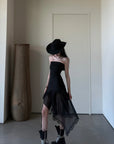 WARDEN EDGE Strapless Asymmetric Ruffle Dress Sheer Layered Midi Dress