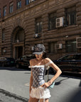 WARDEN EDGE Off Shoulder Plaid Corset Top Lace Trim Structured Bustier
