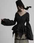 DOINDULGE Smocked Waist Ruffle Hem Blouse