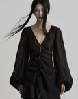 DOINDULGE Sheer Ruched Deep V Asymmetric Chiffon Blouse
