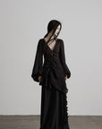 DOINDULGE Ruched Waist Asymmetric Ruffle Plaid Maxi Skirt
