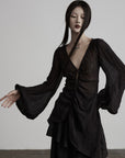 DOINDULGE Sheer Ruched Deep V Asymmetric Chiffon Blouse