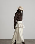 DOINDULGE Layered Ruffle Asymmetric Hem Striped Maxi Skirt