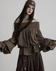 DOINDULGE Off-Shoulder Ruched Blouse with Beaded Drawstring