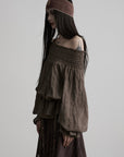 DOINDULGE Off-Shoulder Ruched Blouse with Beaded Drawstring