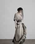 DOINDULGE Striped Square-Neck Fitted Waist Dress with Lace Trim