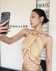 Hydrae Sheer Draped Shell Tassel Backless Halter Top