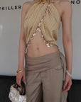 Hydrae Sheer Draped Shell Tassel Backless Halter Top