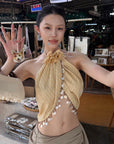 Hydrae Sheer Draped Shell Tassel Backless Halter Top