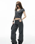 IAMXIAA Jean gris délavé taille basse à jambe large