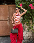 ROVENTE Pantalon cargo rouge à jambe large et cordon de serrage
