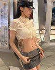 Hydrae Sheer Ruffle Pintuck Cropped Blouse Top