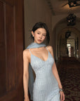 Hydrae 스팽글 니트 오픈백 미디 원피스 스카프 포함
