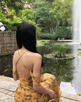 Hydrae Golden Floral Open-Shoulder Backless Slip Maxi Dress
