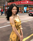 Hydrae Golden Floral Open-Shoulder Backless Slip Maxi Dress
