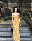 Hydrae Golden Floral Open-Shoulder Backless Slip Maxi Dress
