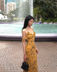 Hydrae Golden Floral Open-Shoulder Backless Slip Maxi Dress