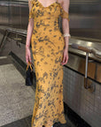 Hydrae Golden Floral Open-Shoulder Backless Slip Maxi Dress