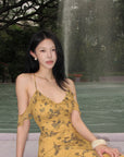Hydrae Golden Floral Open-Shoulder Backless Slip Maxi Dress