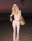 Rase le sol Pink Printed Hooded Fitted Zip Hoodie and Low-Rise Flared Pants Set