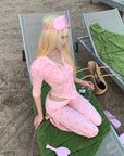 Rase le sol Pink Printed Hooded Fitted Zip Hoodie and Low-Rise Flared Pants Set