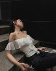 Hydrae Romantic Off Shoulder Chiffon Ruffle Ruched Top