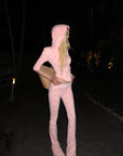 Rase le sol Pink Printed Hooded Fitted Zip Hoodie and Low-Rise Flared Pants Set