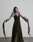 DOINDULGE Shadow Veil Draped Maxi Dress Dark Ash Flowing Slip Dress