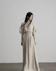 DOINDULGE Ruined Gauze Draped Maxi Dress Raw Edge Smocked Waist Ritual Dress