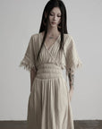 DOINDULGE Ruined Gauze Draped Maxi Dress Raw Edge Smocked Waist Ritual Dress