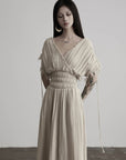 DOINDULGE Ruined Gauze Draped Maxi Dress Raw Edge Smocked Waist Ritual Dress