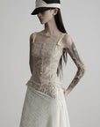DOINDULGE Antique Lace Corset Camisole Raw Edge Asymmetric Hem Top