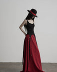 DOINDULGE Crimson Ritual Panel Maxi Dress Contrast Corset Silhouette Beaded Gown