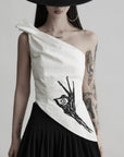 DOINDULGE One Shoulder Asymmetric Embroidered Top