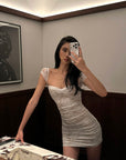 ROVENTE Ruched Lace Mini Dress