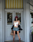 WARDEN EDGE Double-Belt Pleated Denim Mini Skirt