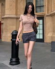 Hydrae Lace-Up Polo Collar Short Sleeve Slim Fit Top