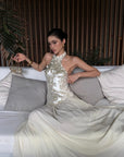 ROVENTE Sequin Halter Chiffon Maxi Dress